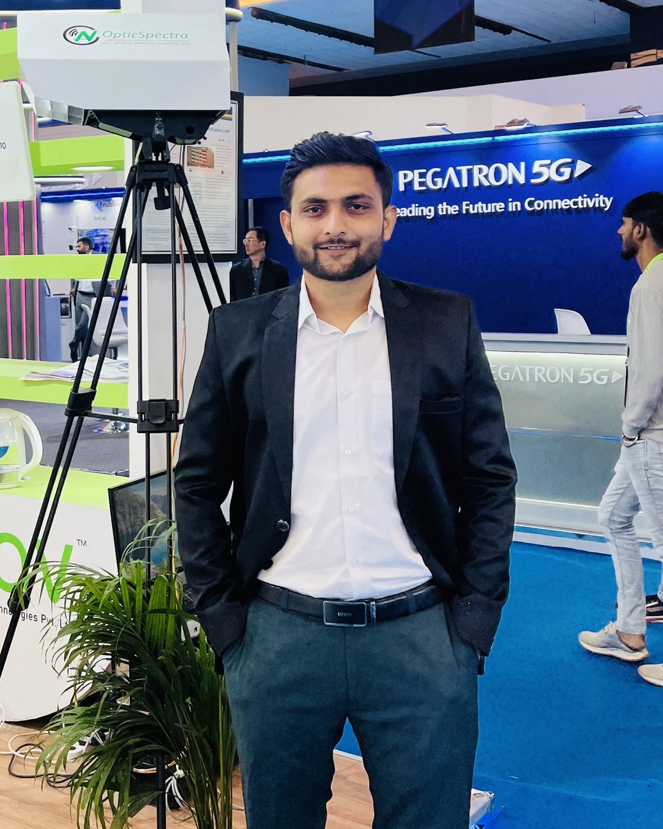 Raj Patel at the Nav Wireless OpticSpectra FSO stand, India Mobile Congress